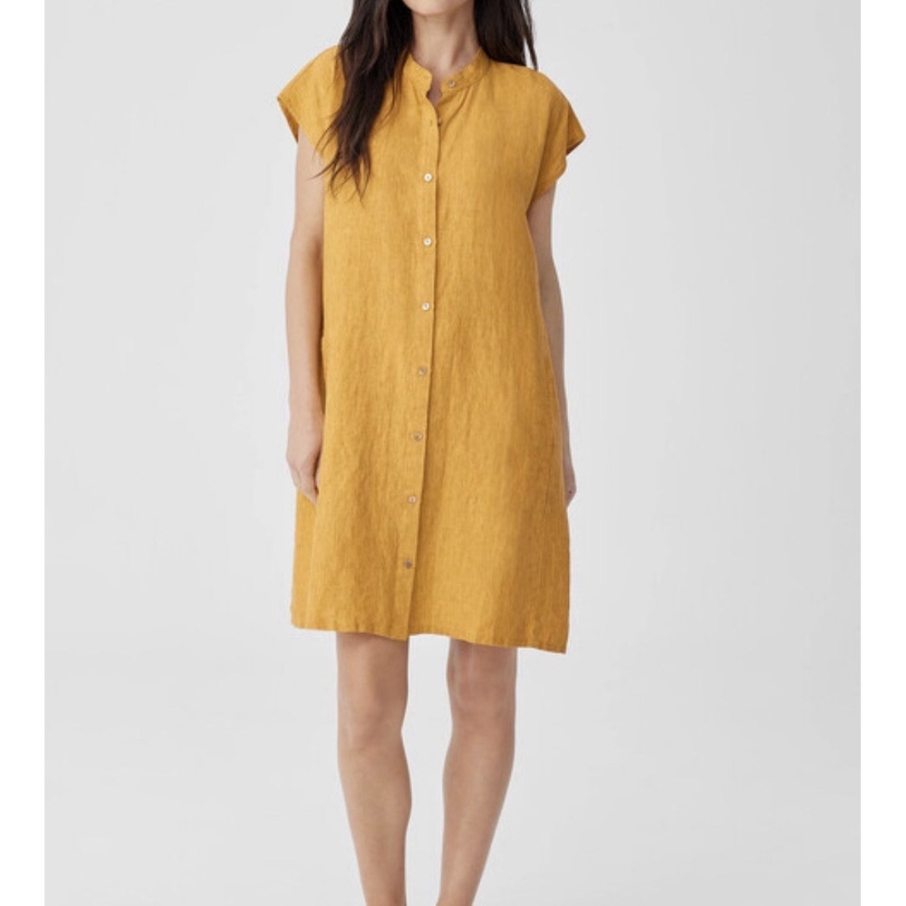 Eileen Fisher Organic Linen Delave Shirtdress Lagenlook Minimalist Yellow Cap